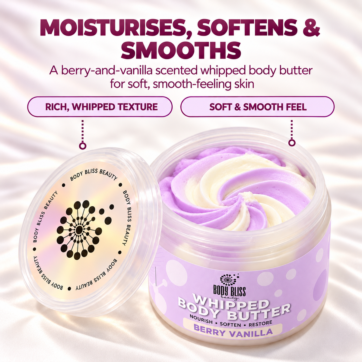 Berry Vanilla whipped body butter benefits graphic: moisturises, softens and smooths, with a rich whipped texture and soft, smooth feel.