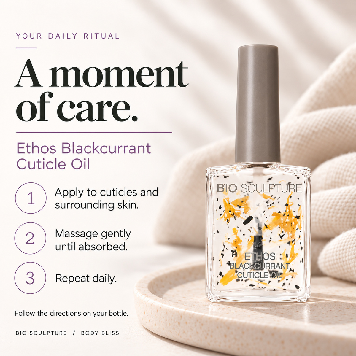 Bio Sculpture Ethos Blackcurrant Cuticle Oil - how to use card with product bottle and concise care guidance.