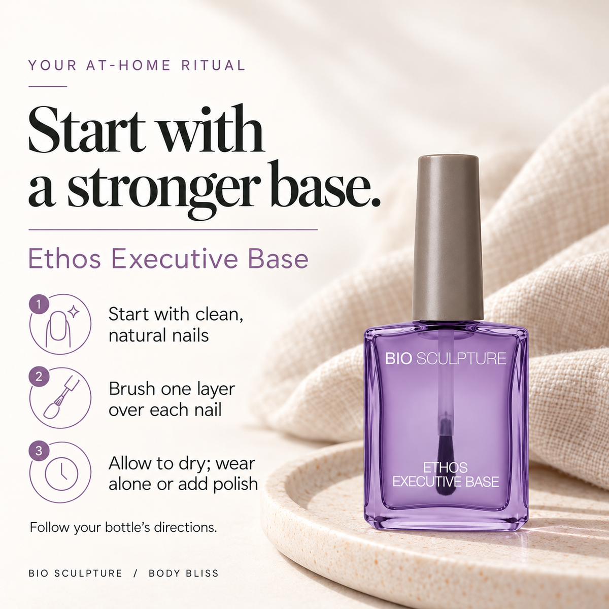 Bio Sculpture Ethos Executive Base - how to use card with product bottle and concise care guidance.