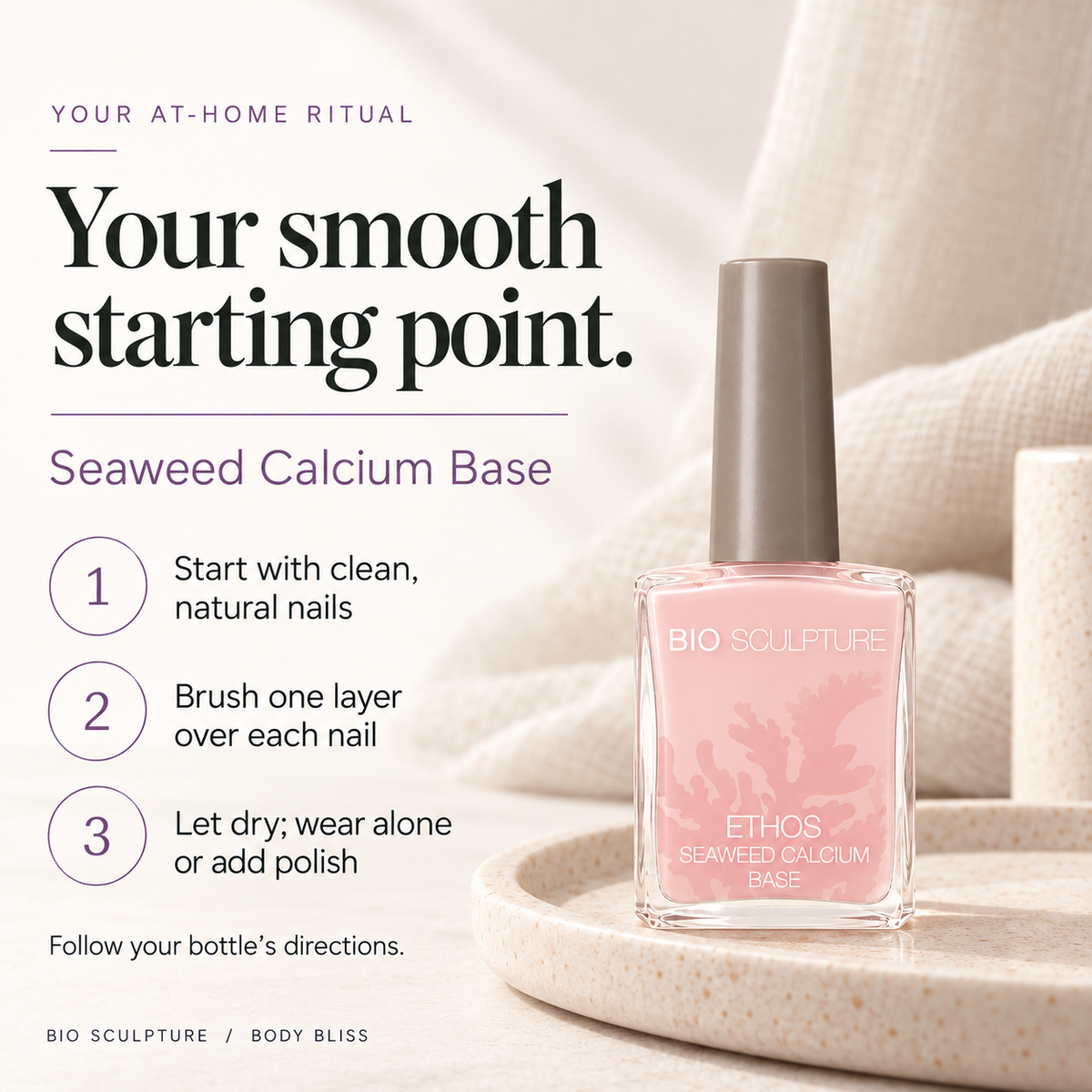 Bio Sculpture Seaweed Calcium Base Coat - how to use card with product bottle and concise care guidance.