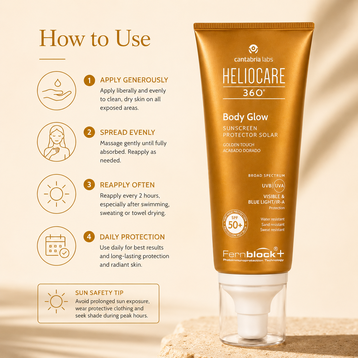 Heliocare 360° Body Glow SPF50 | Golden Touch Sunscreen | Radiant Glow Protection