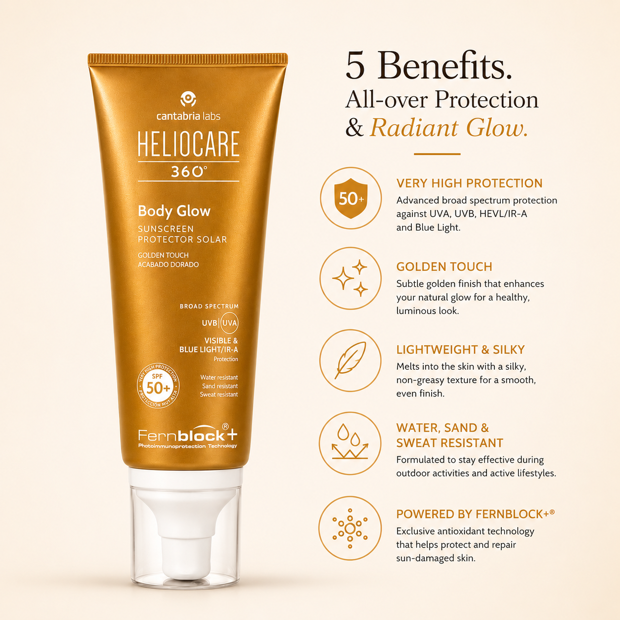Heliocare 360° Body Glow SPF50 | Golden Touch Sunscreen | Radiant Glow Protection