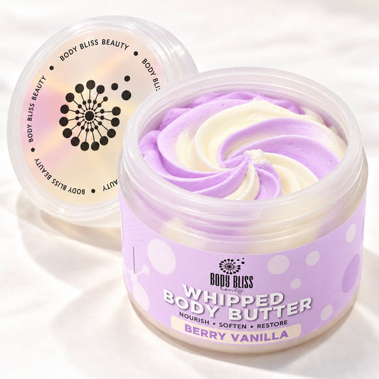 Body Bliss Berry Vanilla whipped body butter in an open jar with lavender and cream swirls and matching lavender label.