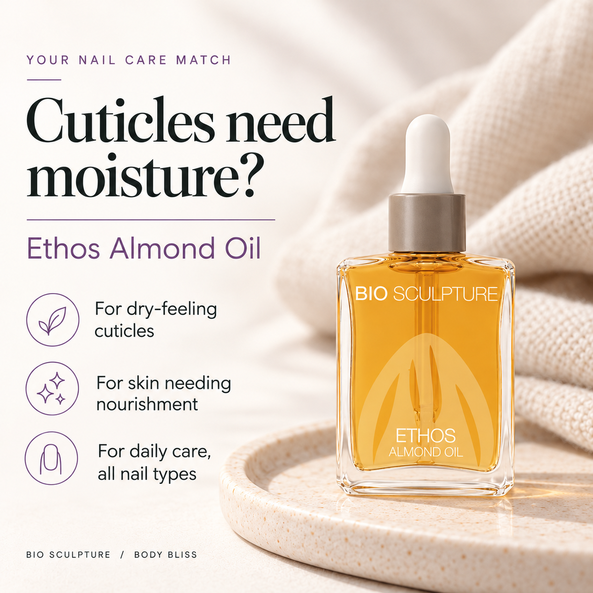 Bio Sculpture Ethos Almond Oil - who it suits card with product bottle and concise care guidance.