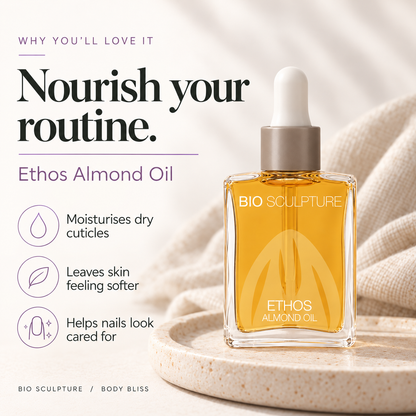 Bio Sculpture Ethos Almond Oil - product benefits card with product bottle and concise care guidance.