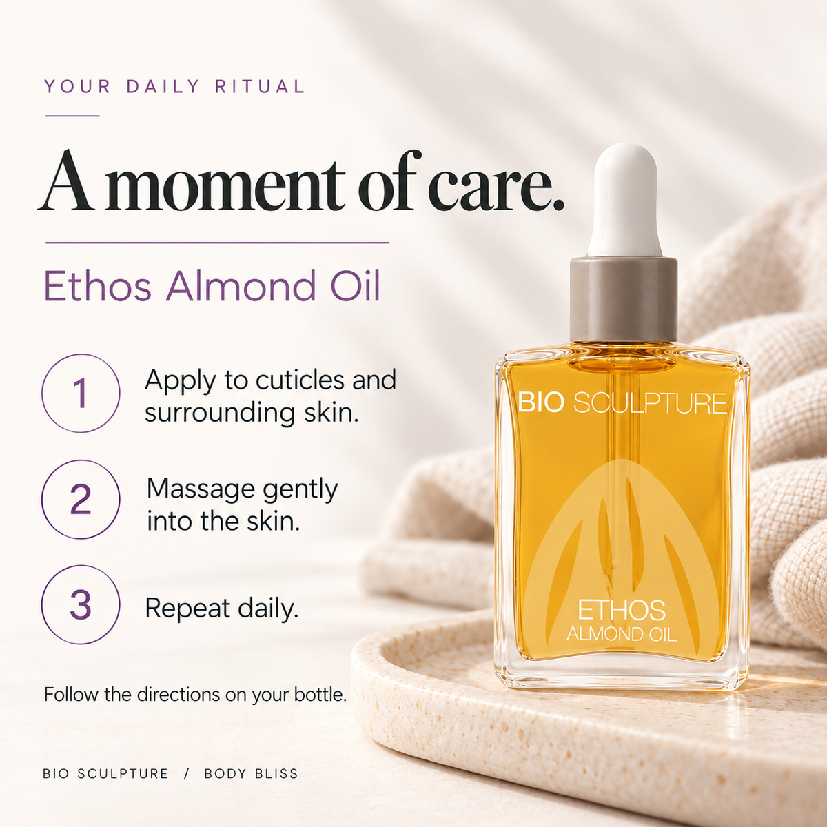 Bio Sculpture Ethos Almond Oil - how to use card with product bottle and concise care guidance.
