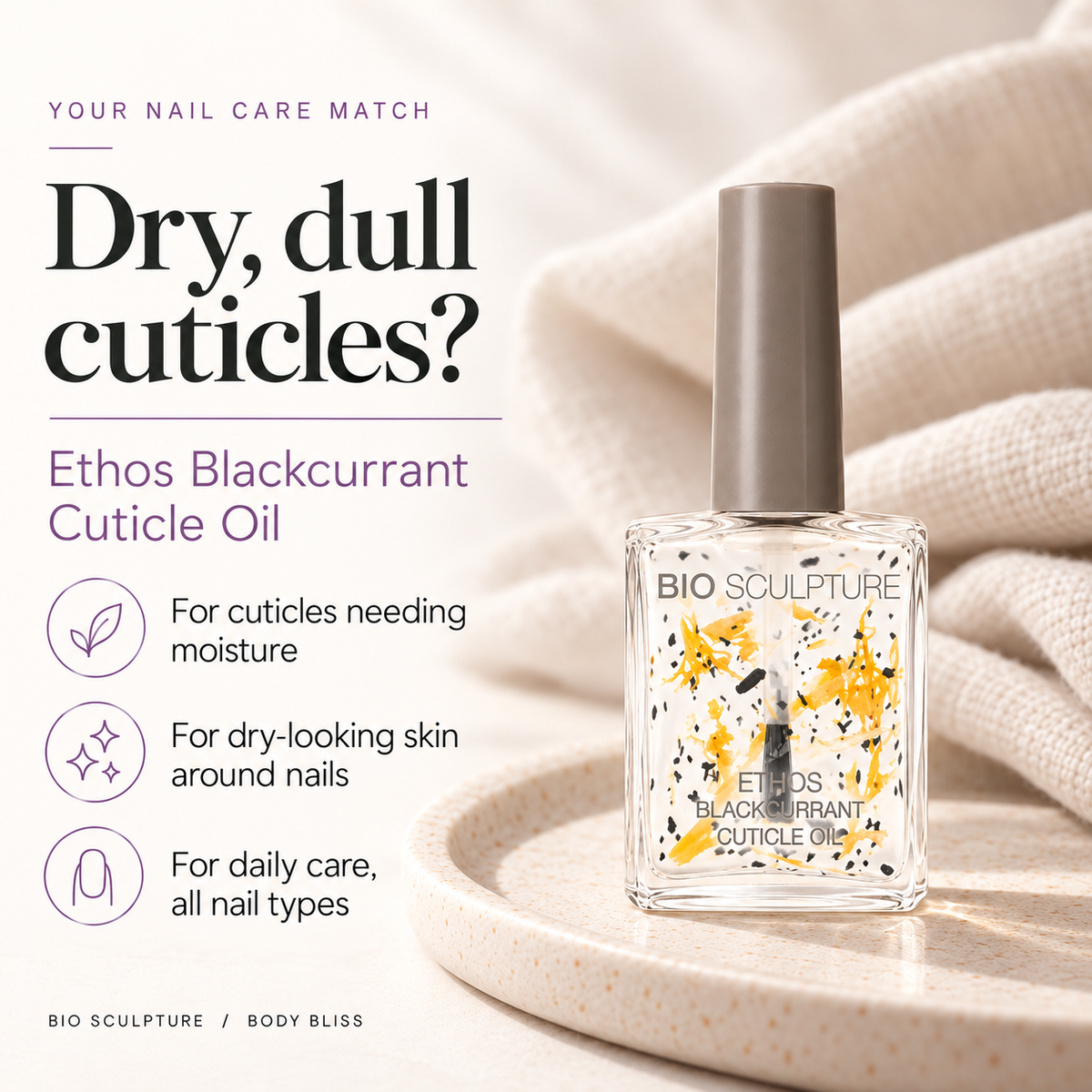 Bio Sculpture Ethos Blackcurrant Cuticle Oil - who it suits card with product bottle and concise care guidance.