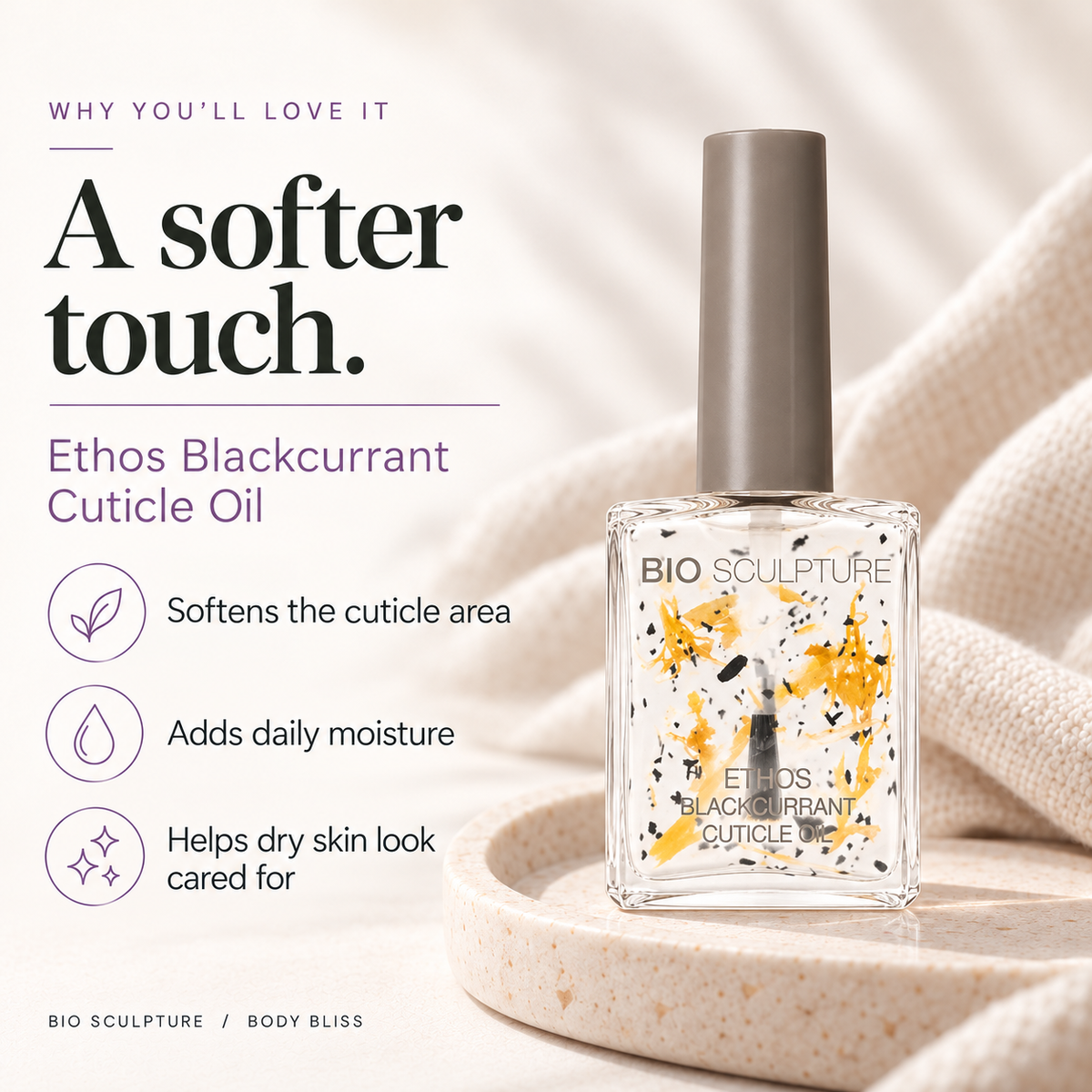 Bio Sculpture Ethos Blackcurrant Cuticle Oil - product benefits card with product bottle and concise care guidance.