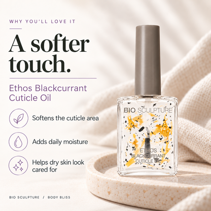 Bio Sculpture Ethos Blackcurrant Cuticle Oil - product benefits card with product bottle and concise care guidance.