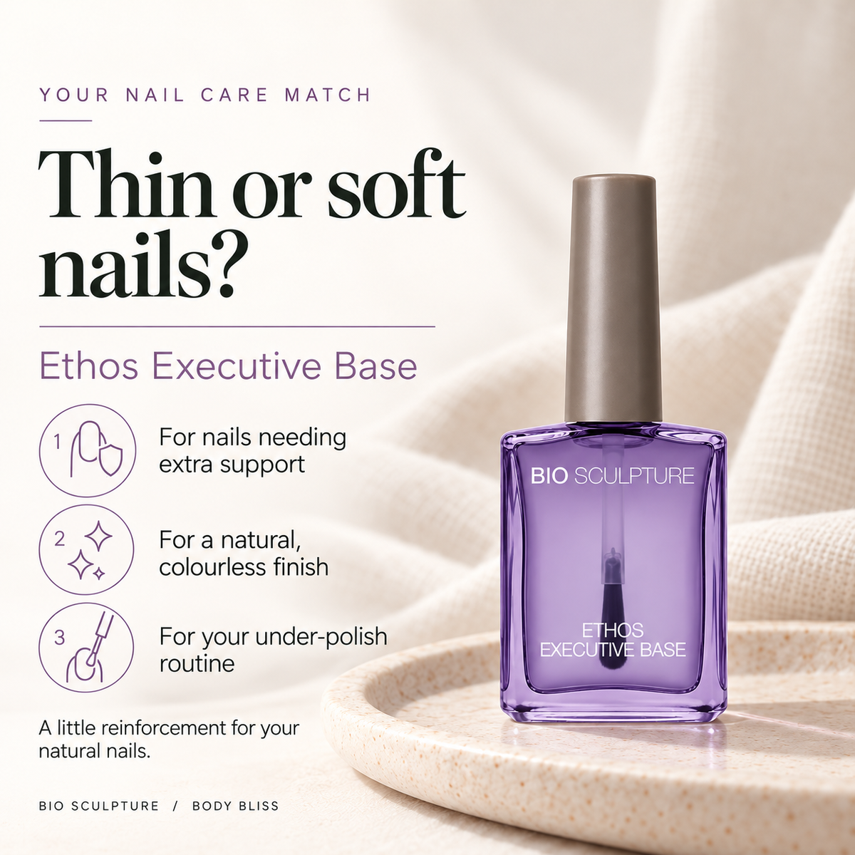 Bio Sculpture Ethos Executive Base - who it suits card with product bottle and concise care guidance.