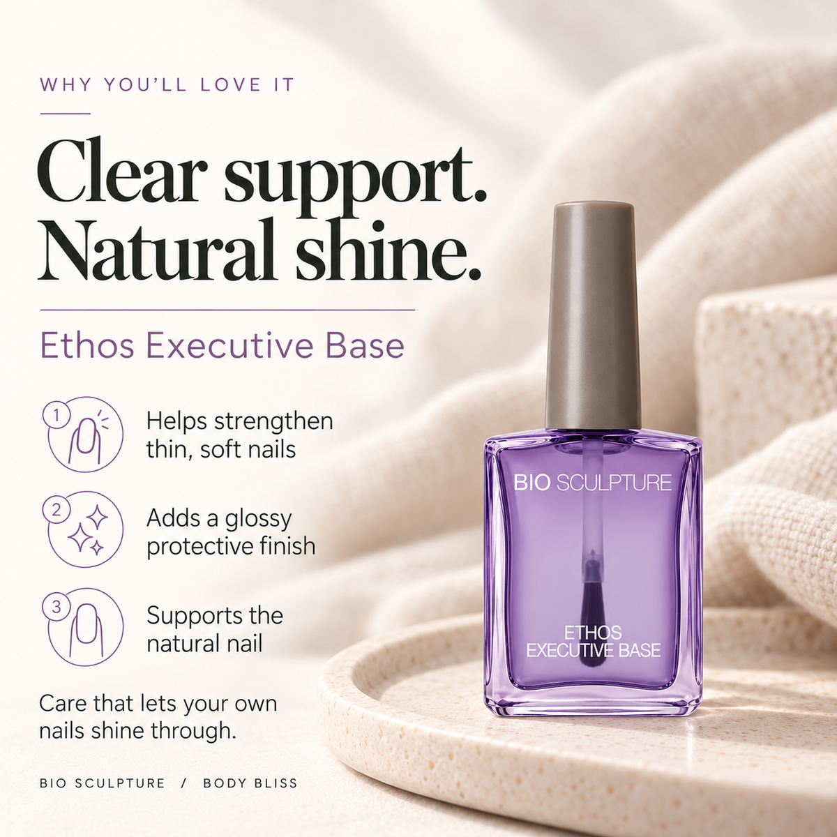 Bio Sculpture Ethos Executive Base - product benefits card with product bottle and concise care guidance.