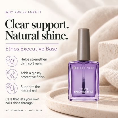 Bio Sculpture Ethos Executive Base - product benefits card with product bottle and concise care guidance.