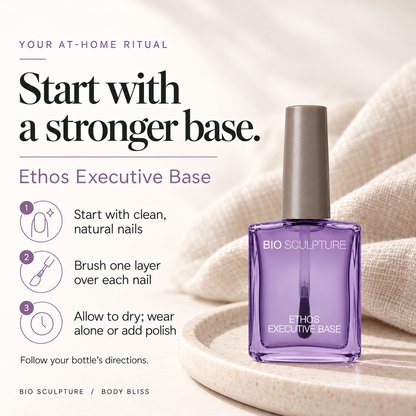Bio Sculpture Ethos Executive Base - how to use card with product bottle and concise care guidance.