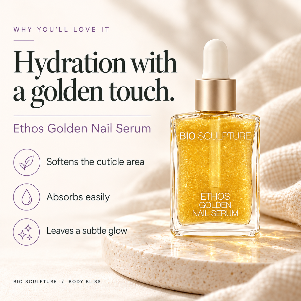Bio Sculpture Ethos Golden Nail Serum - product benefits card with product bottle and concise care guidance.