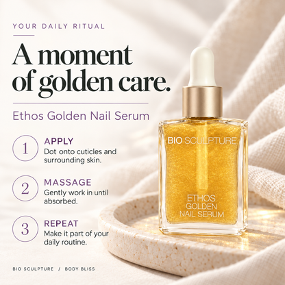 Bio Sculpture Ethos Golden Nail Serum - how to use card with product bottle and concise care guidance.