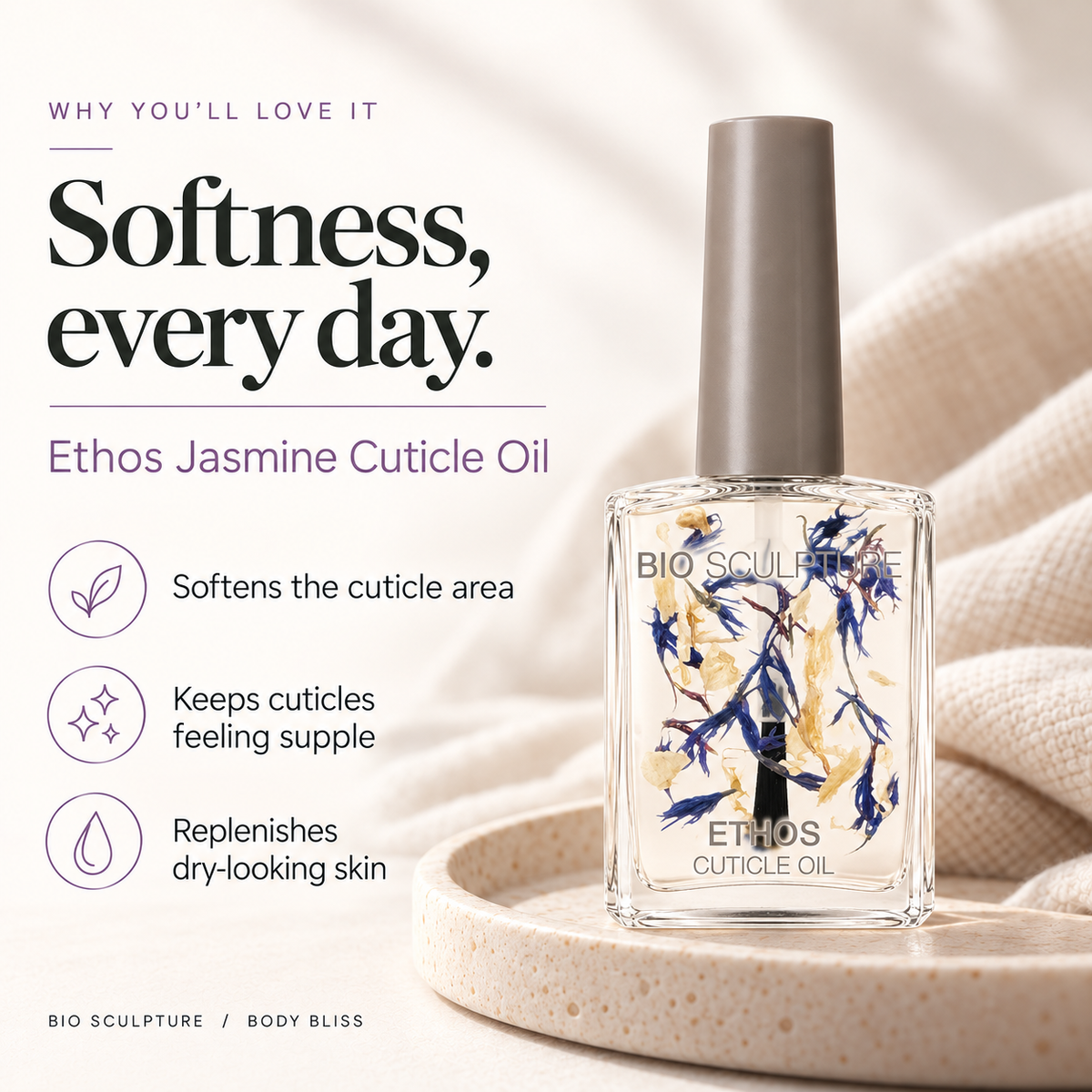 Bio Sculpture Ethos Jasmine Cuticle Oil - product benefits card with product bottle and concise care guidance.