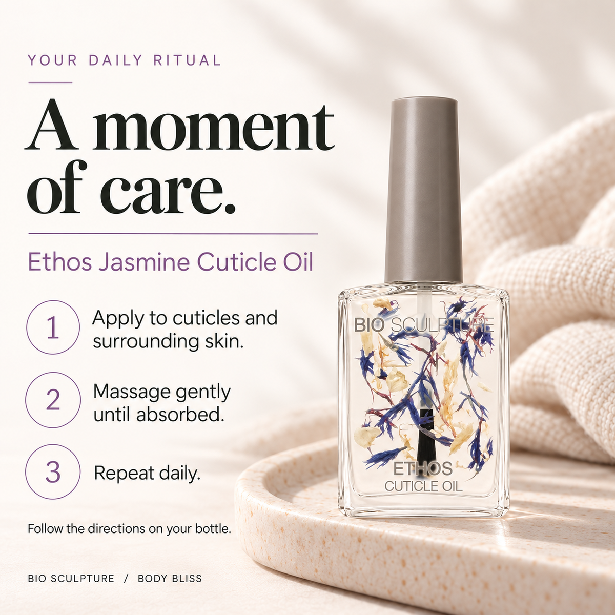 Bio Sculpture Ethos Jasmine Cuticle Oil - how to use card with product bottle and concise care guidance.