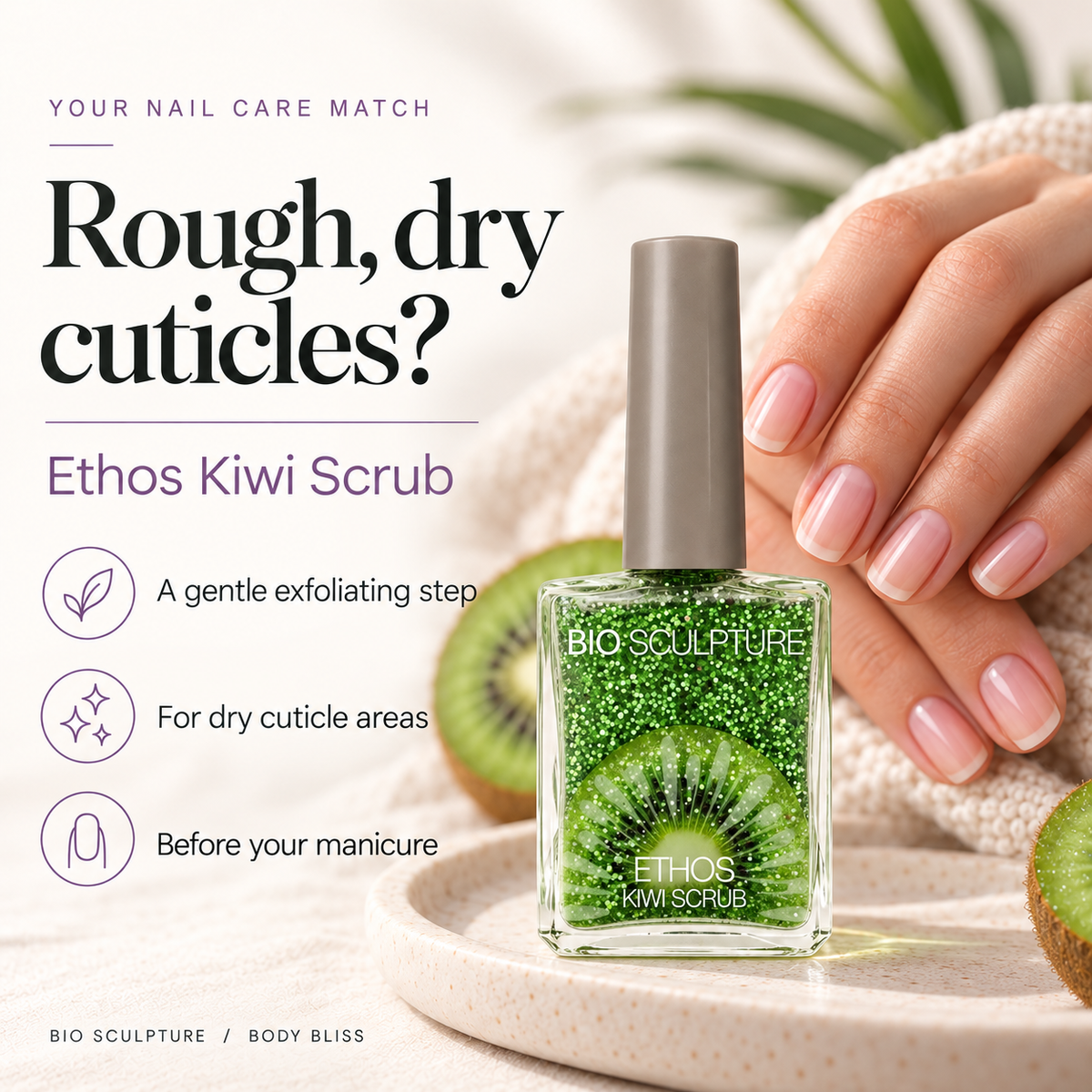 Bio Sculpture Ethos Kiwi Scrub - who it suits card with product bottle and concise care guidance.