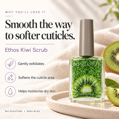 Bio Sculpture Ethos Kiwi Scrub - product benefits card with product bottle and concise care guidance.