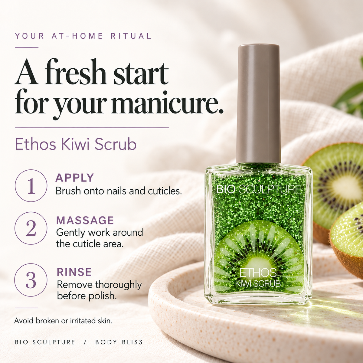 Bio Sculpture Ethos Kiwi Scrub - how to use card with product bottle and concise care guidance.