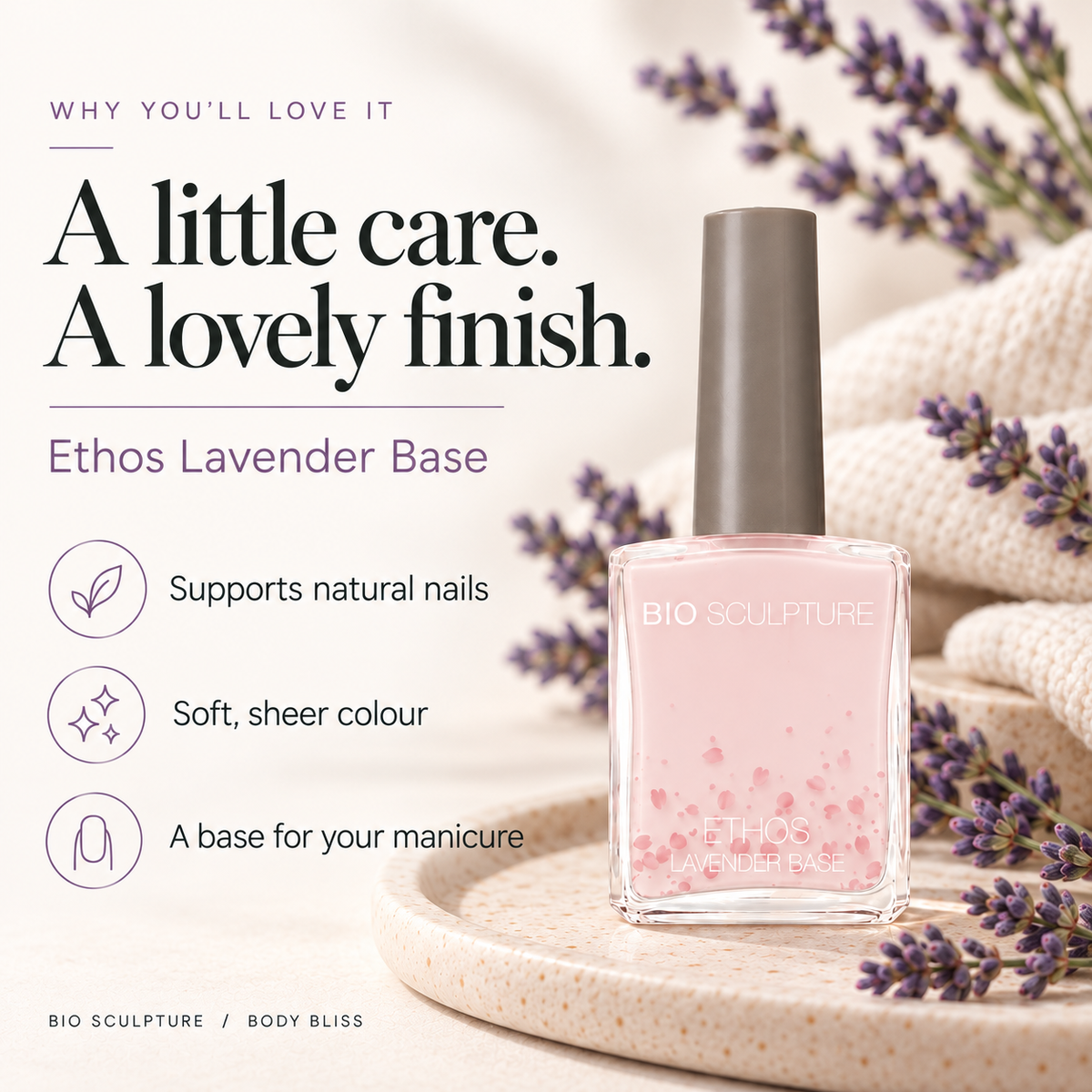 Bio Sculpture Ethos Lavender Base - product benefits card with product bottle and concise care guidance.
