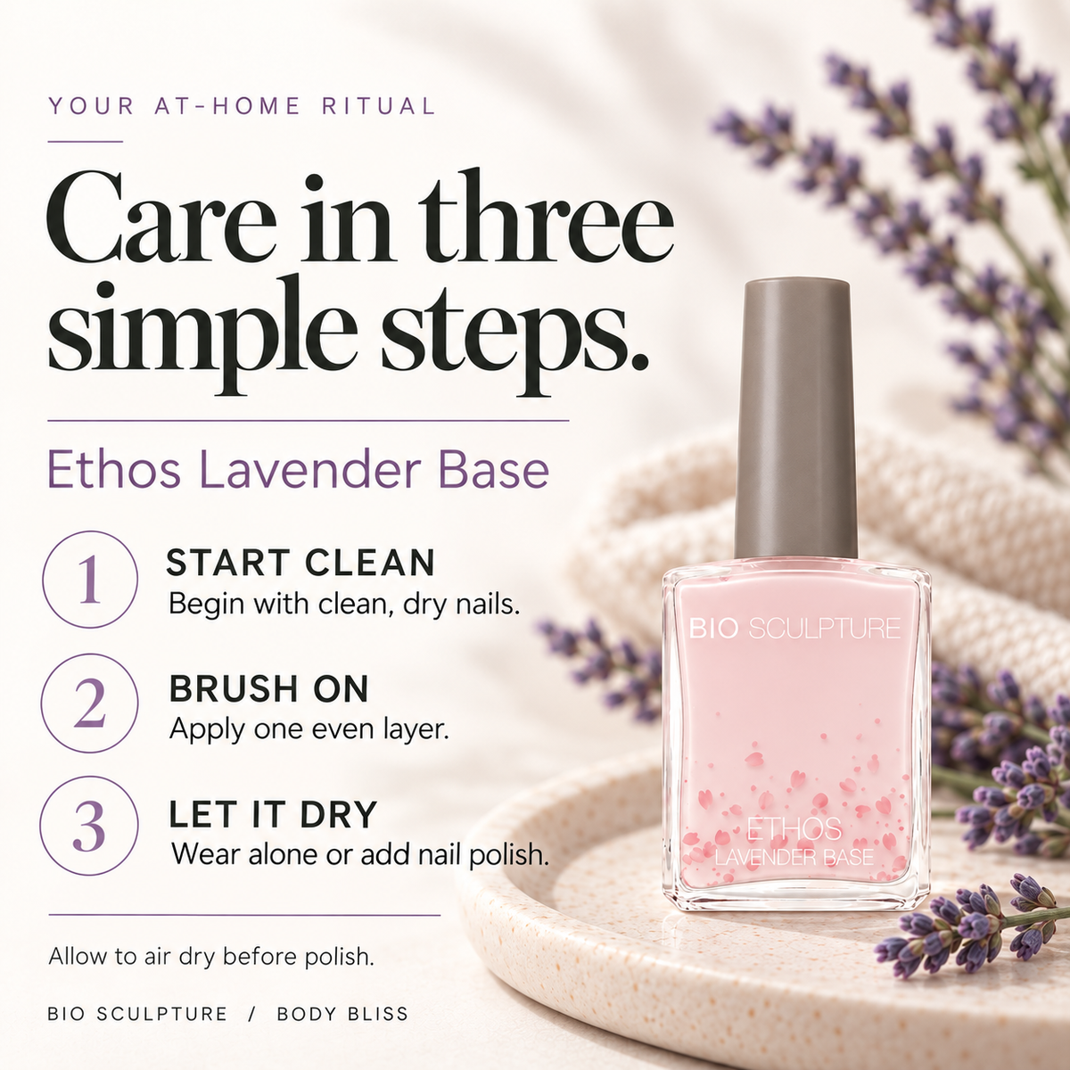Bio Sculpture Ethos Lavender Base - how to use card with product bottle and concise care guidance.