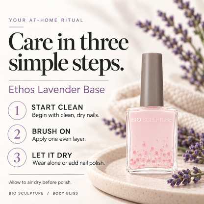 Bio Sculpture Ethos Lavender Base - how to use card with product bottle and concise care guidance.