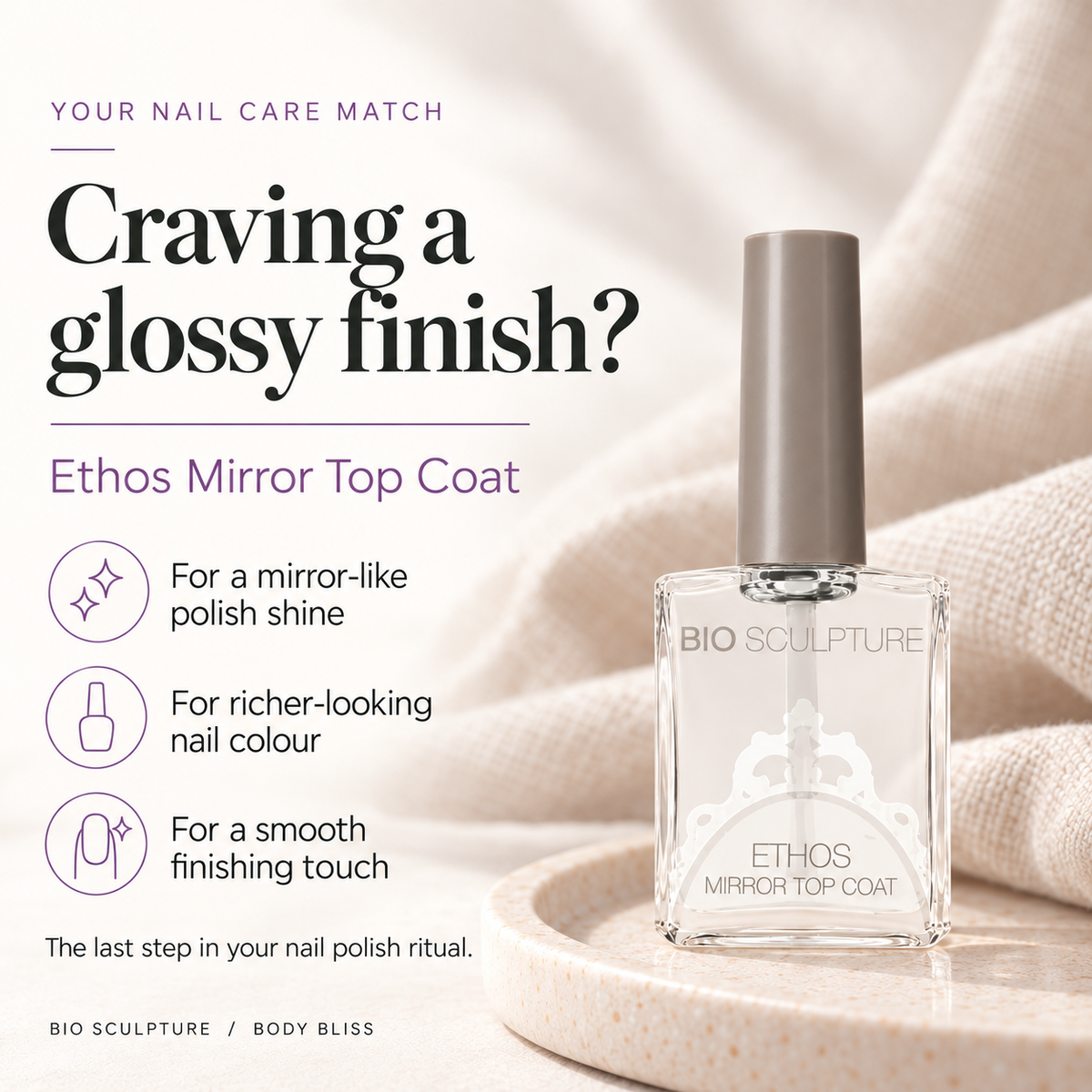 Bio Sculpture Ethos Mirror Top Coat - who it suits card with product bottle and concise care guidance.