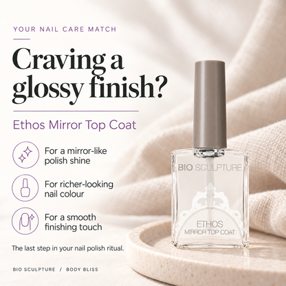 Bio Sculpture Ethos Mirror Top Coat - who it suits card with product bottle and concise care guidance.