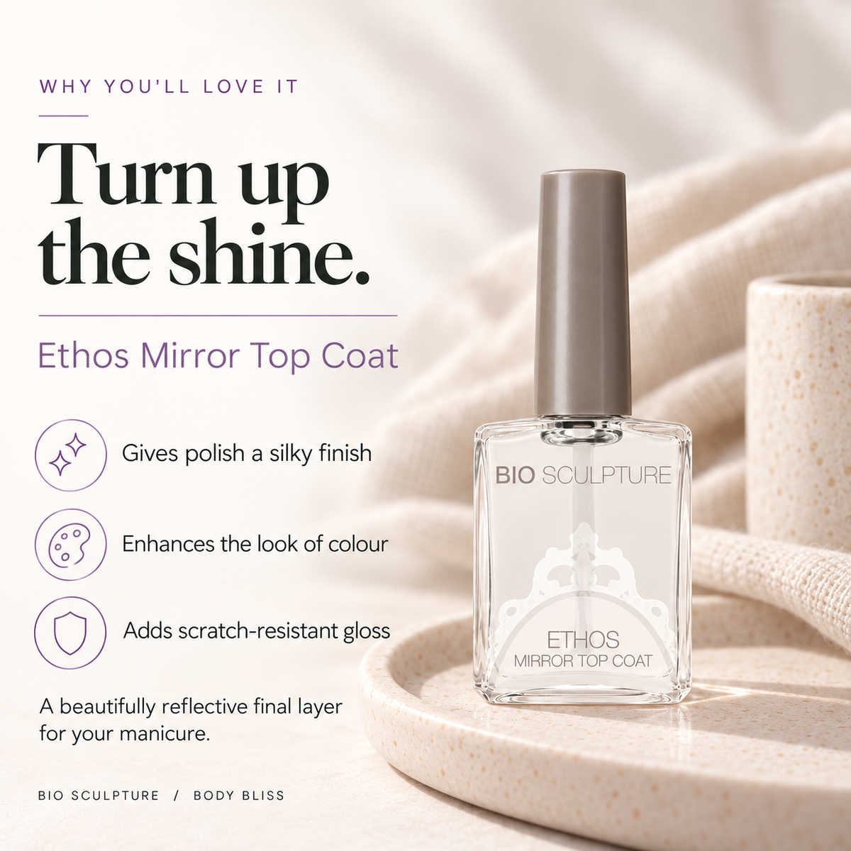 Bio Sculpture Ethos Mirror Top Coat - product benefits card with product bottle and concise care guidance.