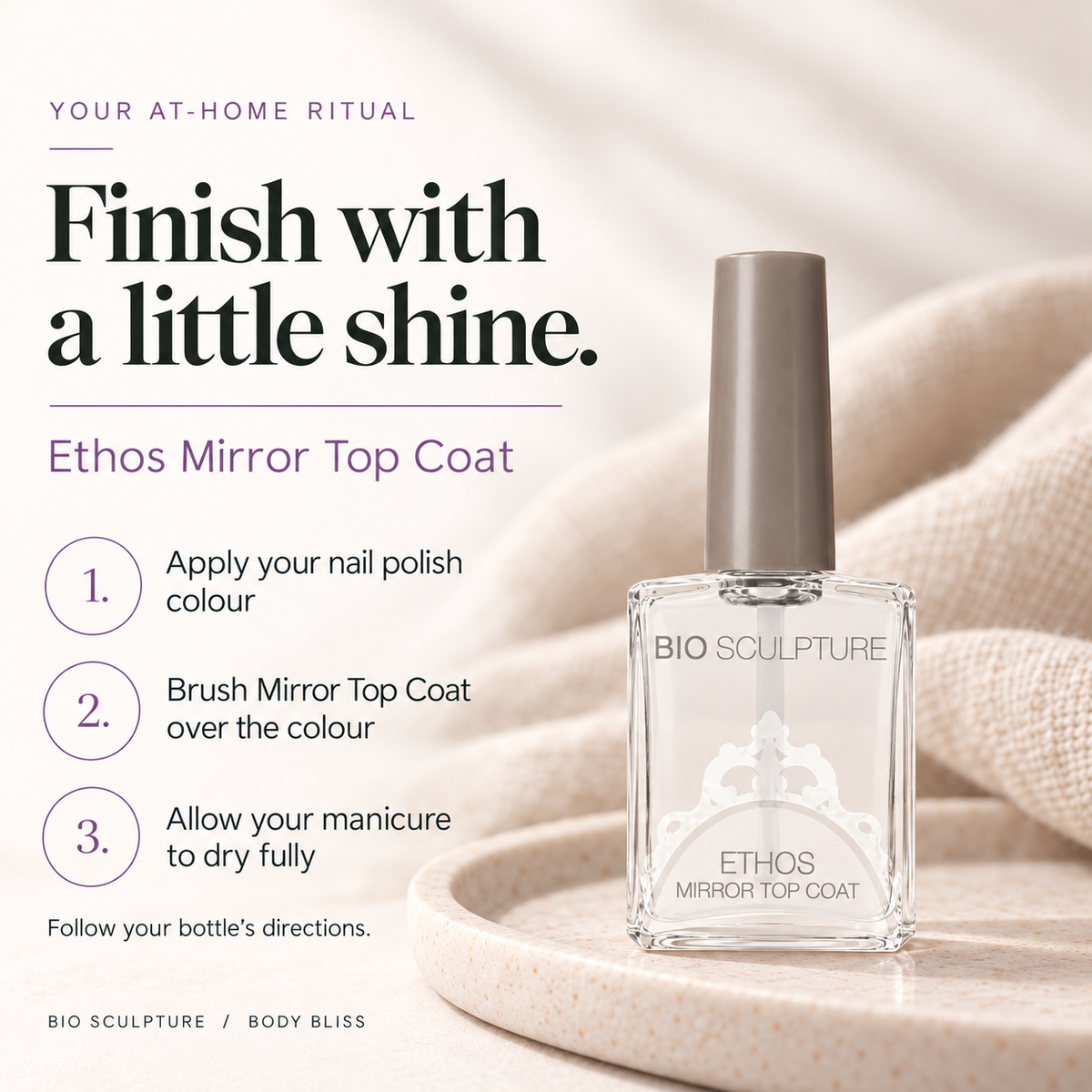 Bio Sculpture Ethos Mirror Top Coat - how to use card with product bottle and concise care guidance.