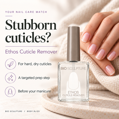 Bio Sculpture Ethos Cuticle Remover - who it suits card with product bottle and concise care guidance.