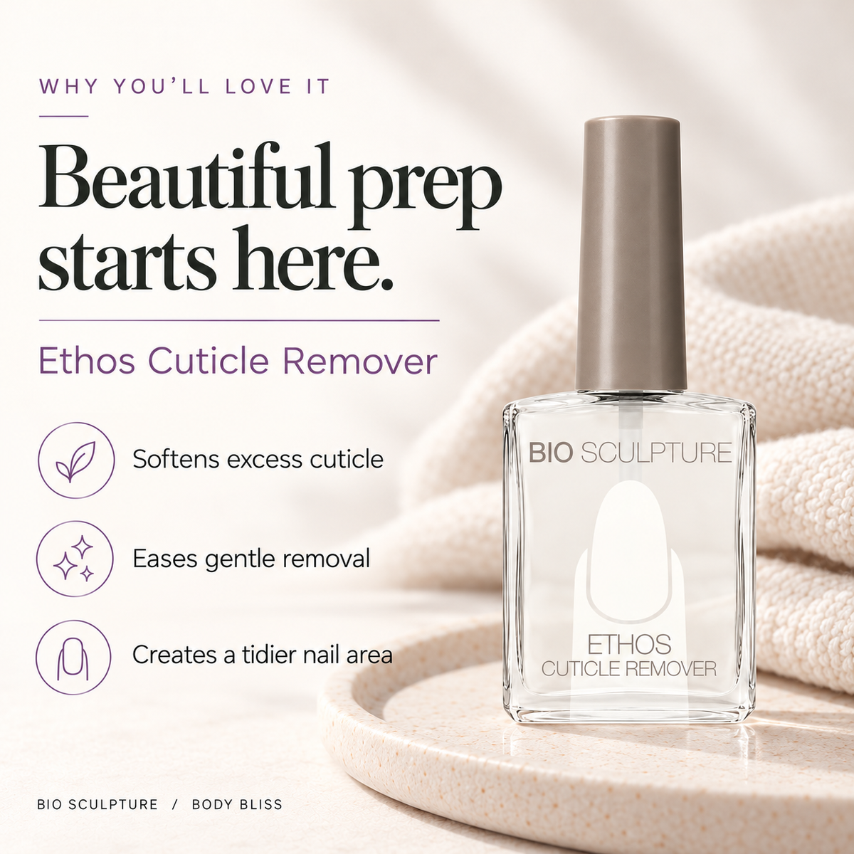 Bio Sculpture Ethos Cuticle Remover - product benefits card with product bottle and concise care guidance.