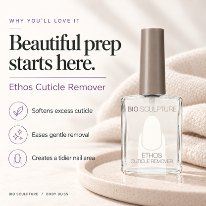Bio Sculpture Ethos Cuticle Remover - product benefits card with product bottle and concise care guidance.