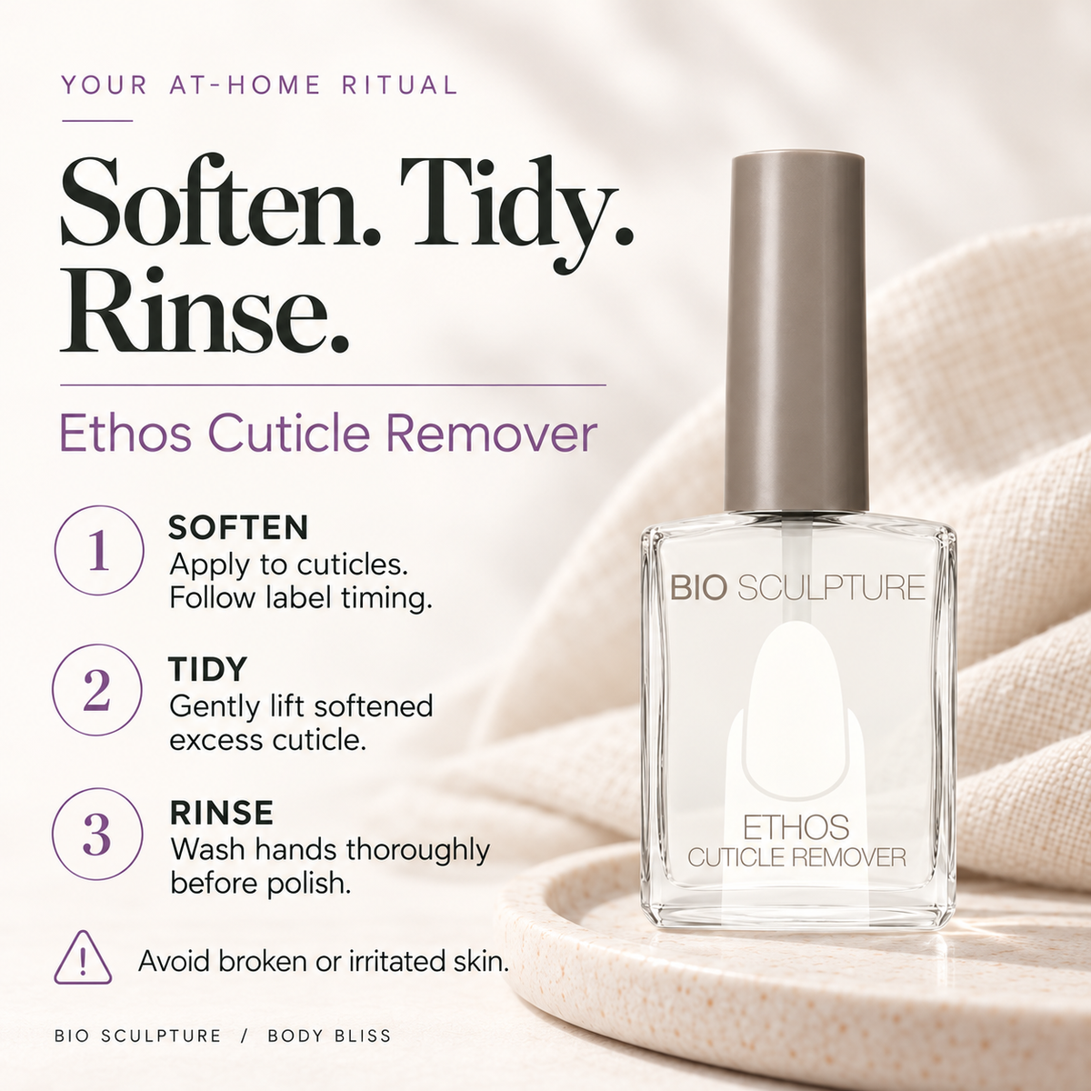 Bio Sculpture Ethos Cuticle Remover - how to use card with product bottle and concise care guidance.