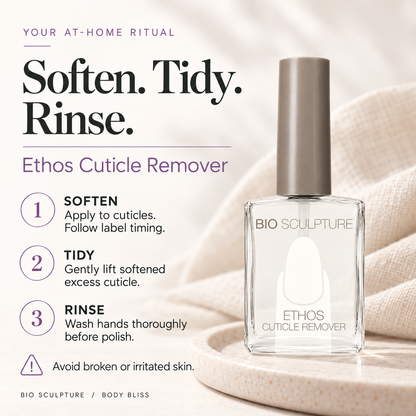 Bio Sculpture Ethos Cuticle Remover - how to use card with product bottle and concise care guidance.