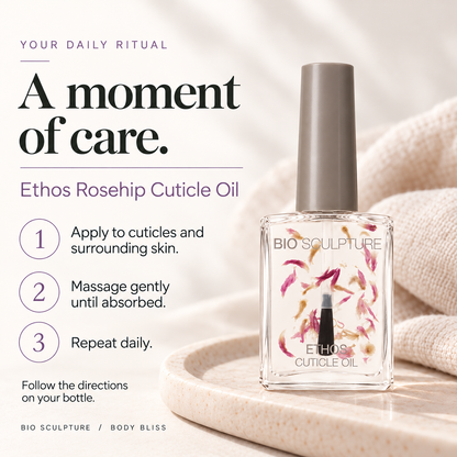 Bio Sculpture Ethos Rosehip Cuticle Oil - how to use card with product bottle and concise care guidance.