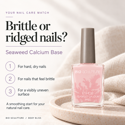 Bio Sculpture Seaweed Calcium Base Coat - who it suits card with product bottle and concise care guidance.