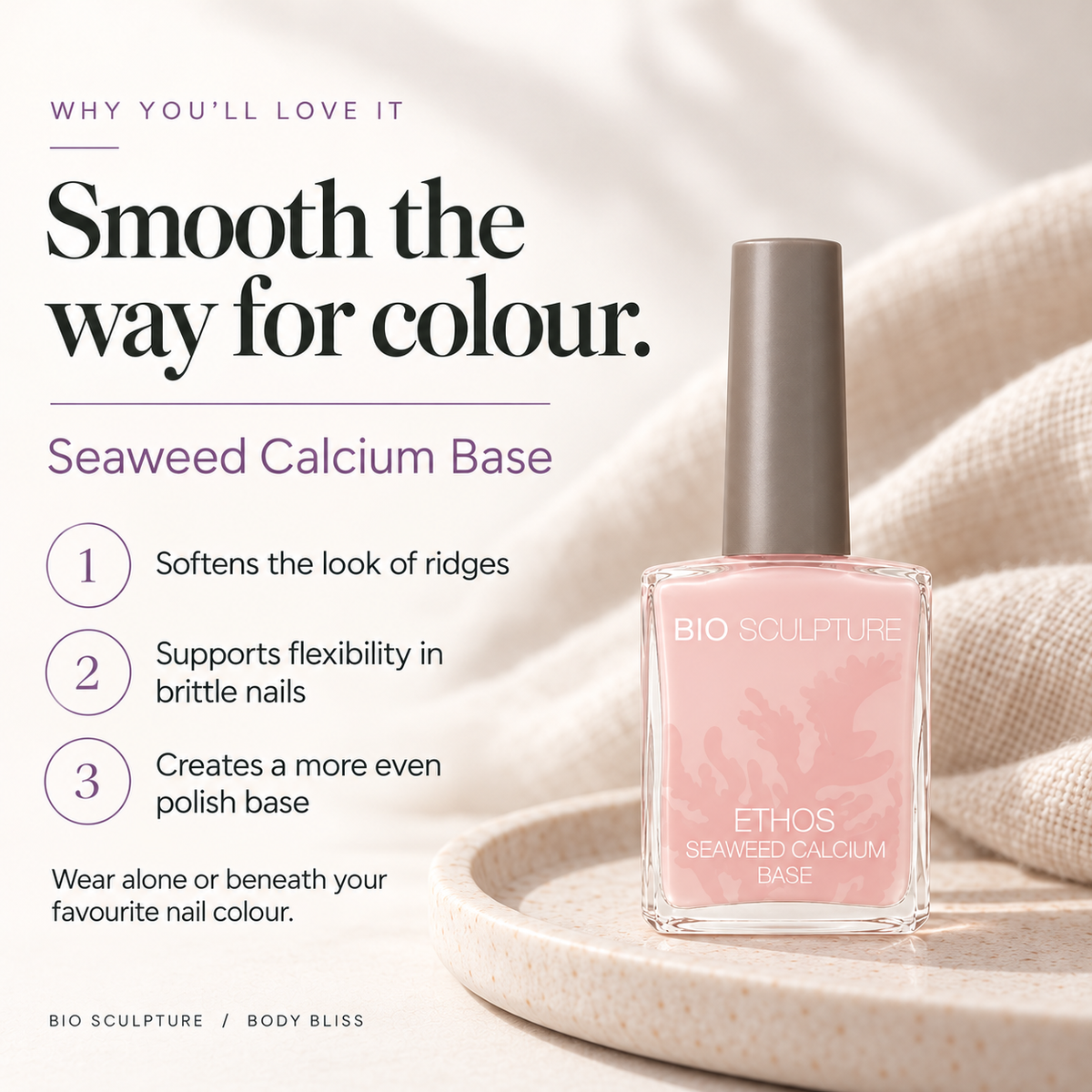Bio Sculpture Seaweed Calcium Base Coat - product benefits card with product bottle and concise care guidance.
