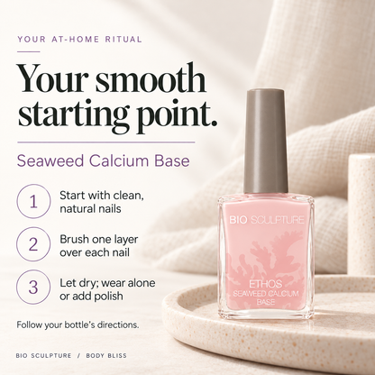Bio Sculpture Seaweed Calcium Base Coat - how to use card with product bottle and concise care guidance.