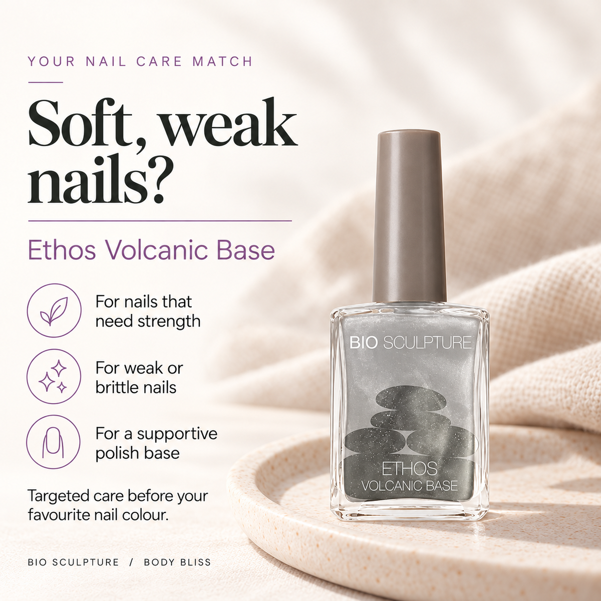 Bio Sculpture Ethos Volcanic Base - who it suits card with product bottle and concise care guidance.