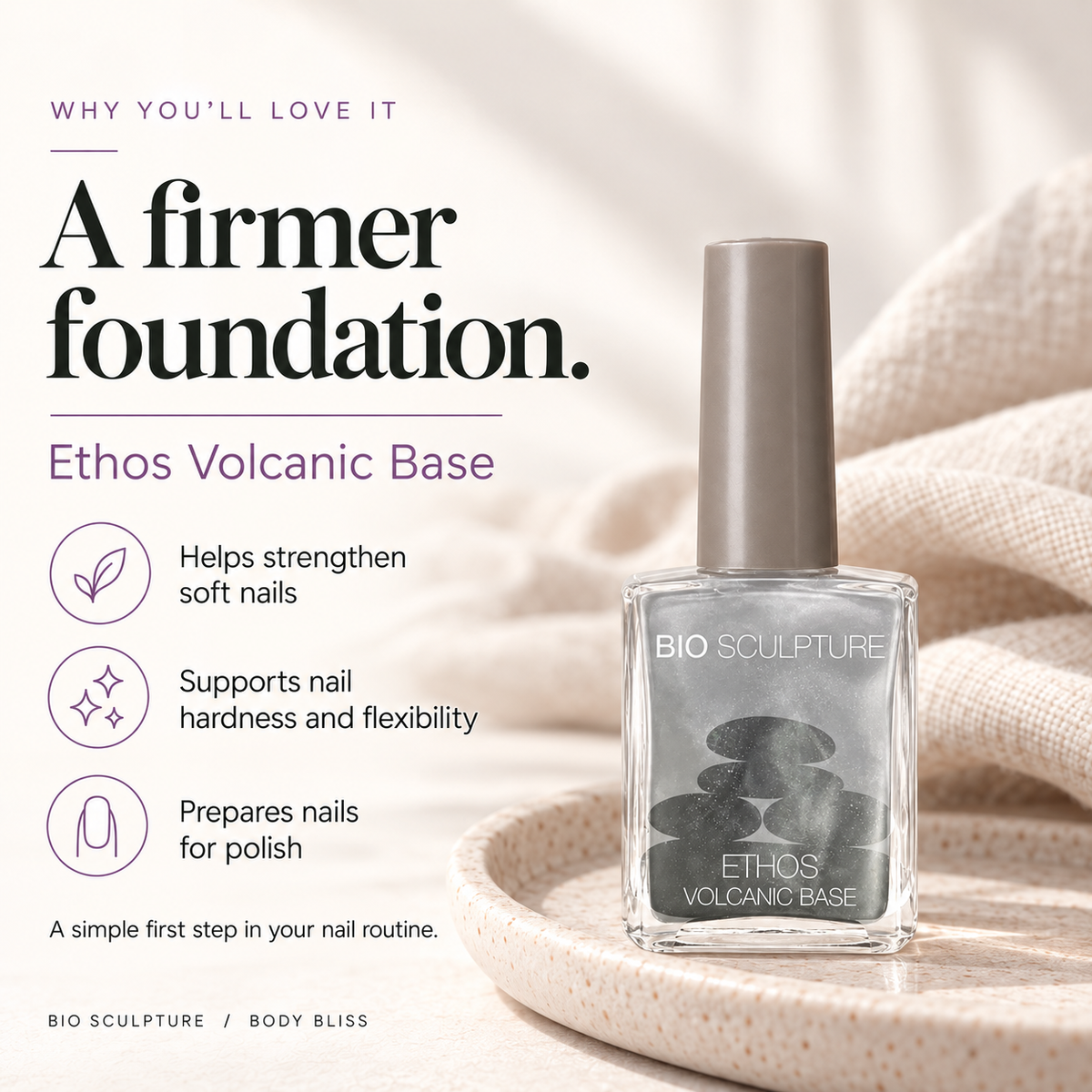Bio Sculpture Ethos Volcanic Base - product benefits card with product bottle and concise care guidance.