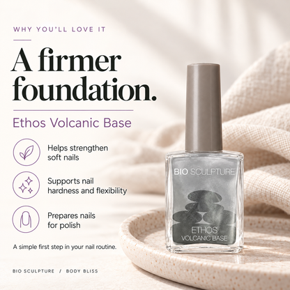 Bio Sculpture Ethos Volcanic Base - product benefits card with product bottle and concise care guidance.
