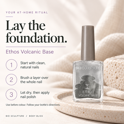 Bio Sculpture Ethos Volcanic Base - how to use card with product bottle and concise care guidance.