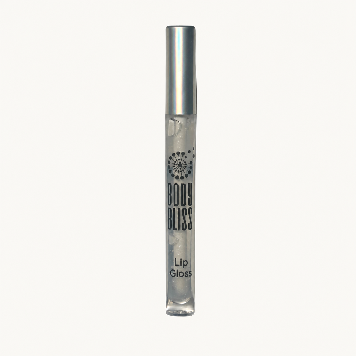 Clear Body Bliss lip gloss with silver cap on a warm ivory background