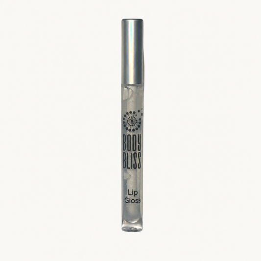 Clear Body Bliss lip gloss with silver cap on a warm ivory background