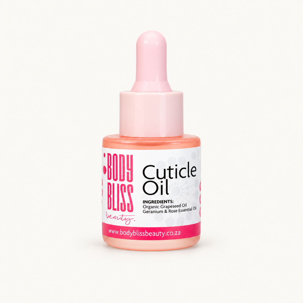 Body Bliss Cuticle Oil on warm ivory background