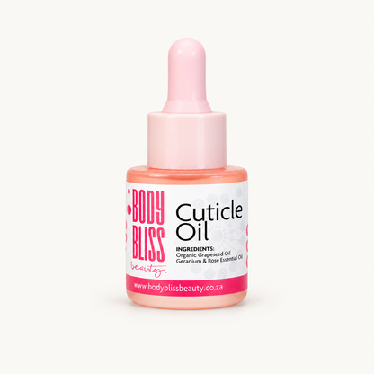 Body Bliss Cuticle Oil on warm ivory background