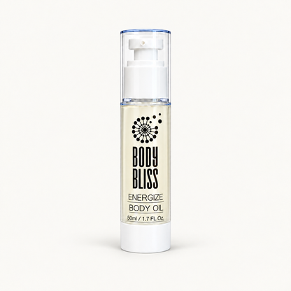 Body Bliss Energize Body Oil 50ml on warm ivory background