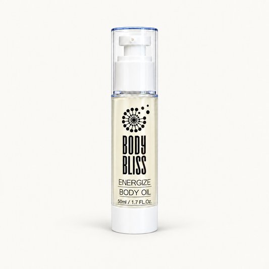 Body Bliss Energize Body Oil 50ml on warm ivory background